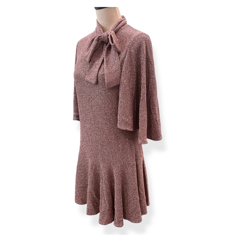Black Halo Coralia Mini Dress Metallic Bow Neck Flounce Hem Copper Zest 12 NW - Picture 3 of 13
